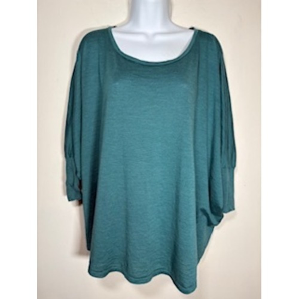 EILEEN FISHER Silk Cotton Top Teal Batwing Sleeve Lagenlook Minimalist Knit Med.